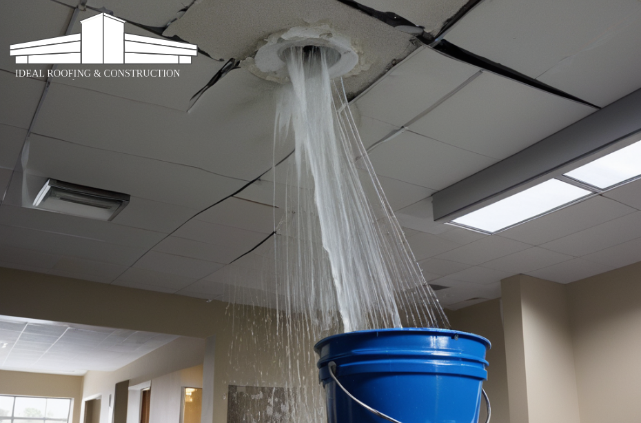 Water pouring down the ceiling from a leak in a commercial building