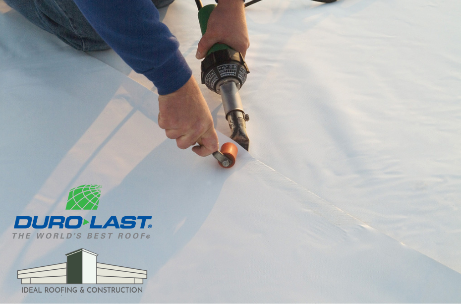 Roofer installing Duro-Last roofing system with the text "Duro-Last, The World's Best Roof®"